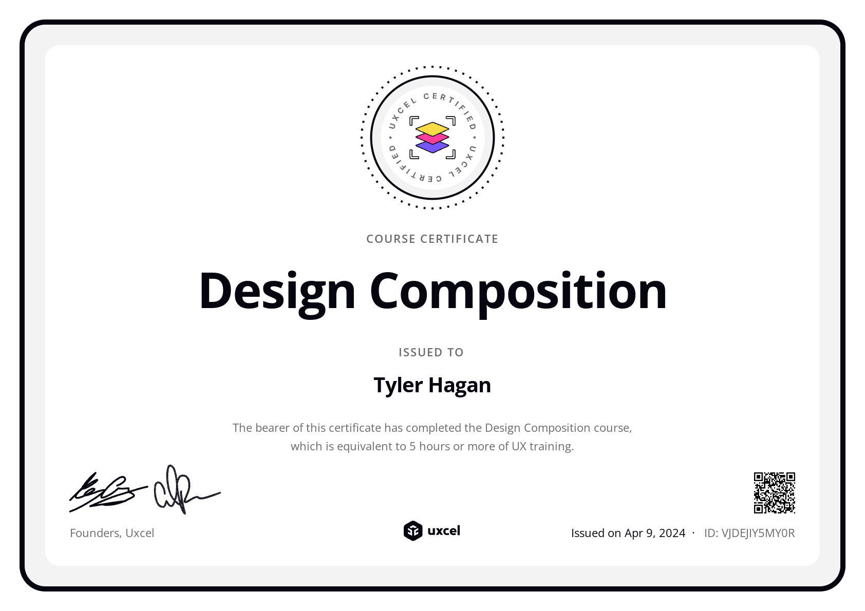 Tyler Hagan's certificate
